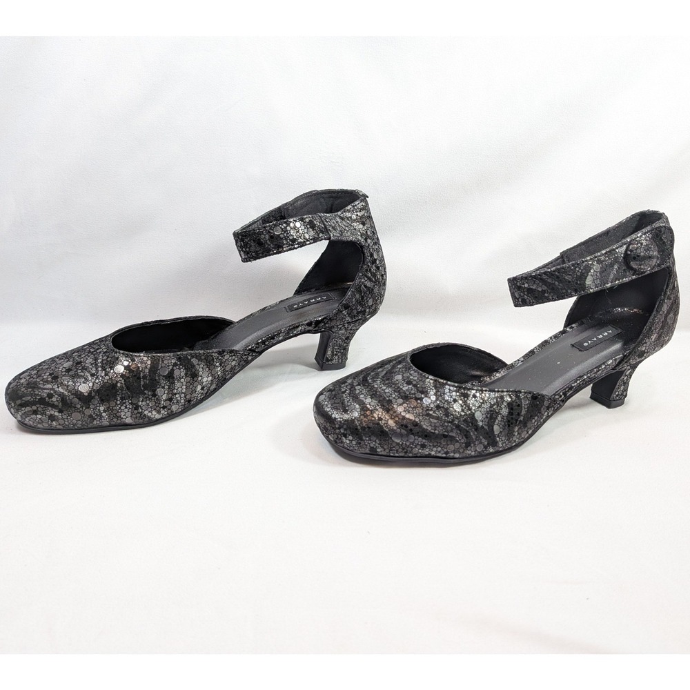 Array Black Silver Pumps; Leather D'Orsay Ankle Strap Kitten Heels